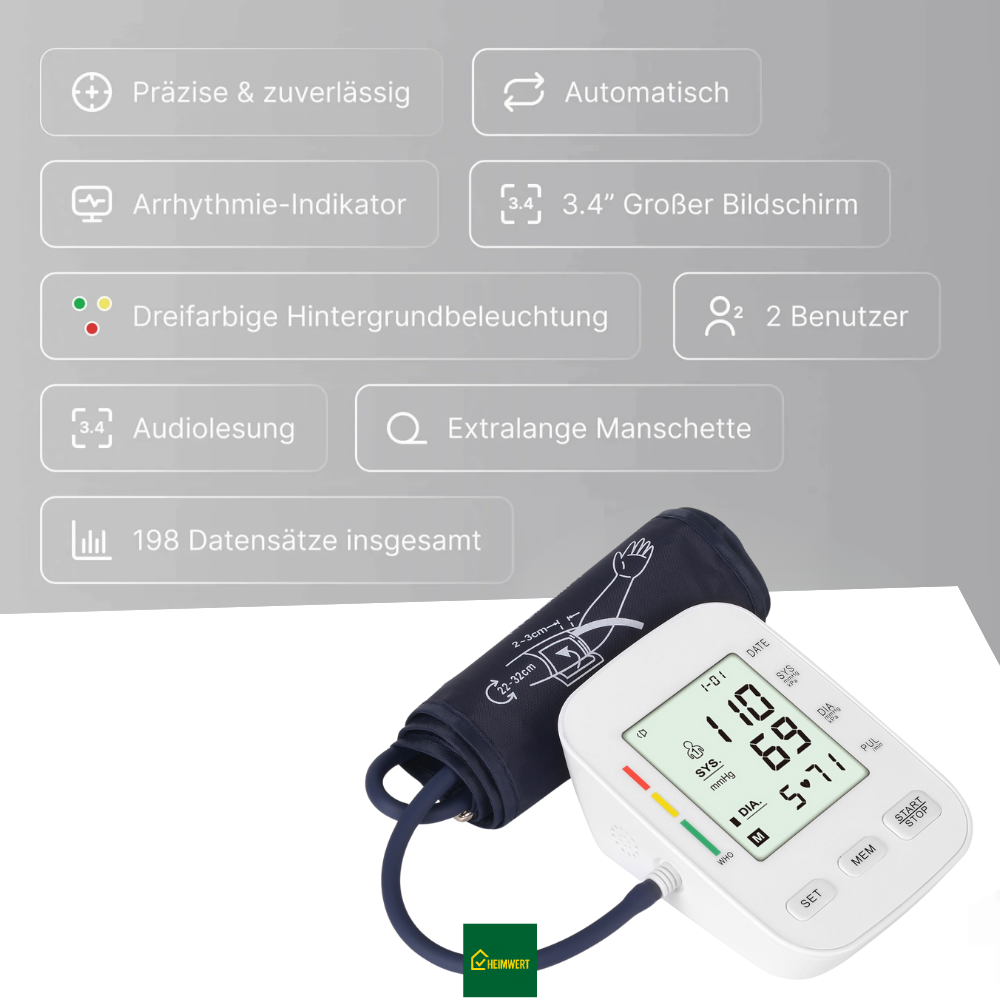 Vollautomatisches Oberarm-Blutdruckmessgerät mit digitalem Display / Mit komfortabler Manschette und Speicherfunktion / Blutdruck- und Pulsmessung