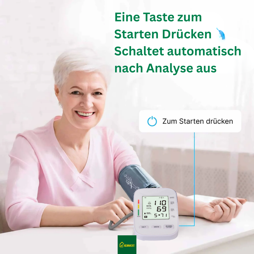 Vollautomatisches Oberarm-Blutdruckmessgerät mit digitalem Display / Mit komfortabler Manschette und Speicherfunktion / Blutdruck- und Pulsmessung