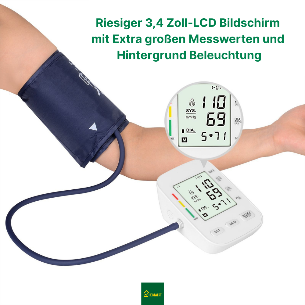 Vollautomatisches Oberarm-Blutdruckmessgerät mit digitalem Display / Mit komfortabler Manschette und Speicherfunktion / Blutdruck- und Pulsmessung