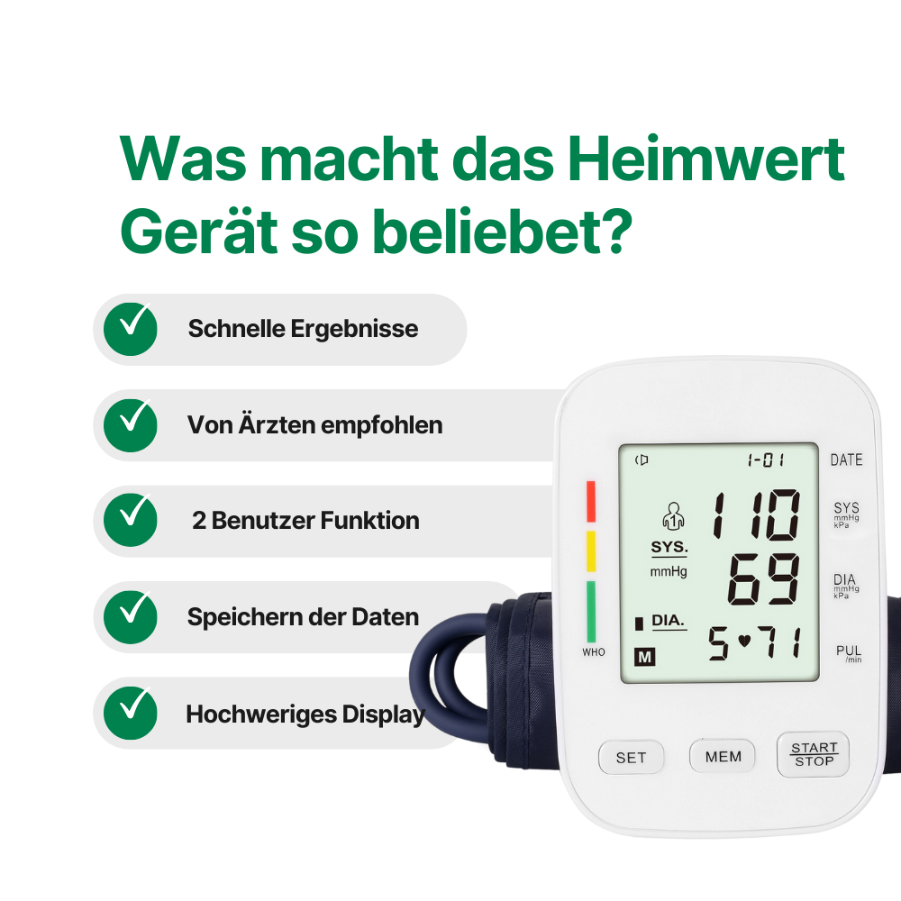 Vollautomatisches Oberarm-Blutdruckmessgerät mit digitalem Display / Mit komfortabler Manschette und Speicherfunktion / Blutdruck- und Pulsmessung